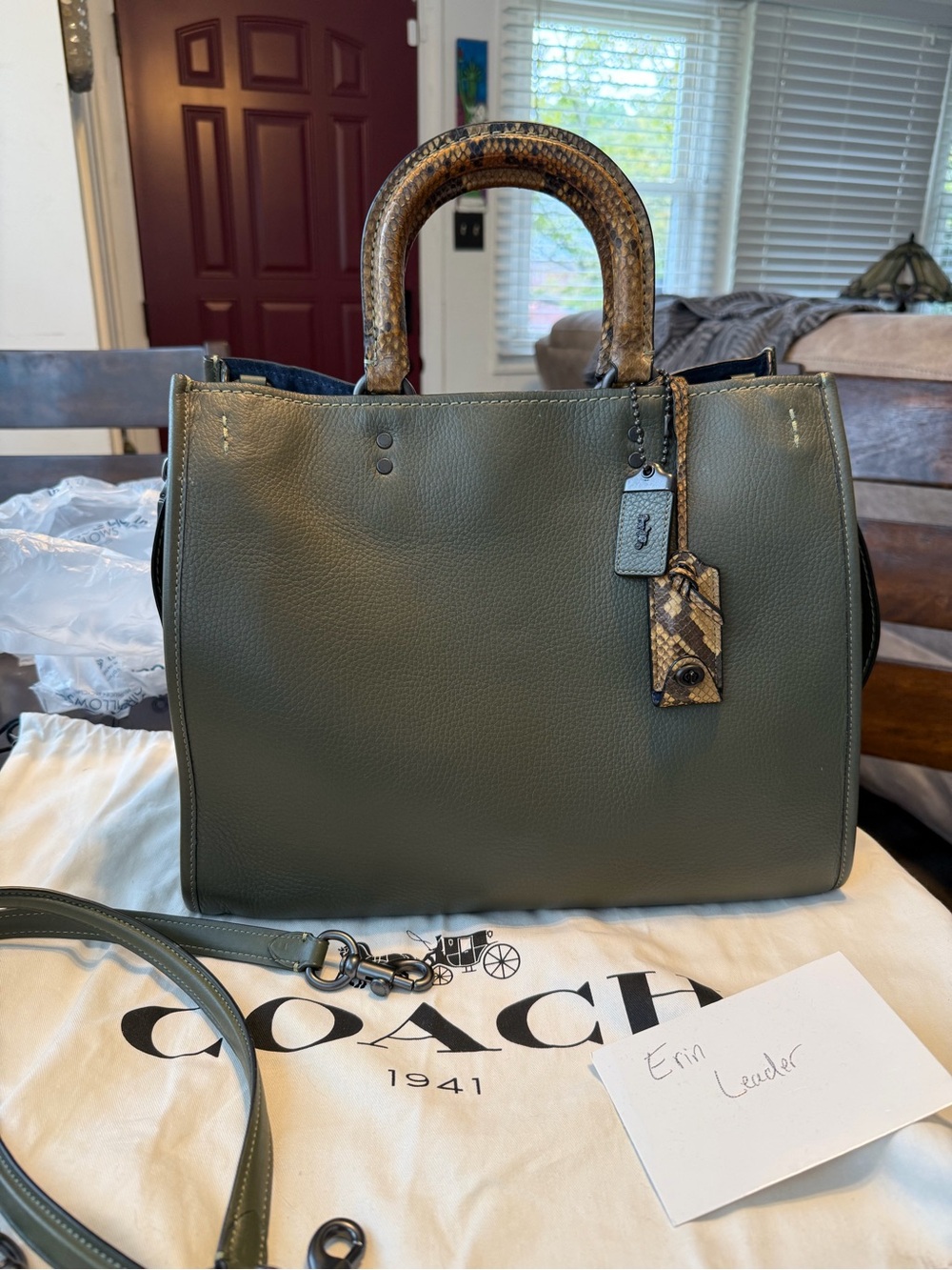 COACH Olive Green Rogue 36 w/ Genuine Python Handles - Picture 5 of 16